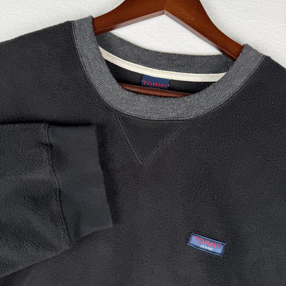 Vtg Tommy Jeans Fleece Sweatshirt Mens Large Black Pullover Kangaroo Pocket